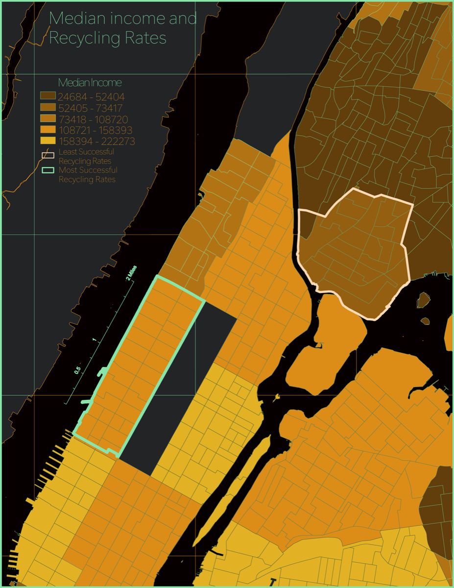 NYC median income and recycling rates map